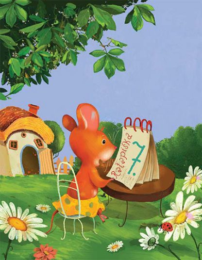 Ilustrácia © Ľuboslav Paľo 2018: Myška Raťapíška sedí na rozkvitnutej lúke pred svojim domčekom a hľadí do kalendára, kde je vedľa veľkej sedmičky napísané meno "Raťapíška".